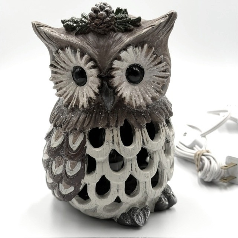 Rustic Resin Owl Accent Lamp Woodland Night Light with Glitter Accents 7in